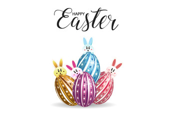 Happy Easter Greeting Card with Cartoon Rabbit And Eggs vector illustration