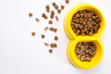 dry pet food in bowl on white background top view