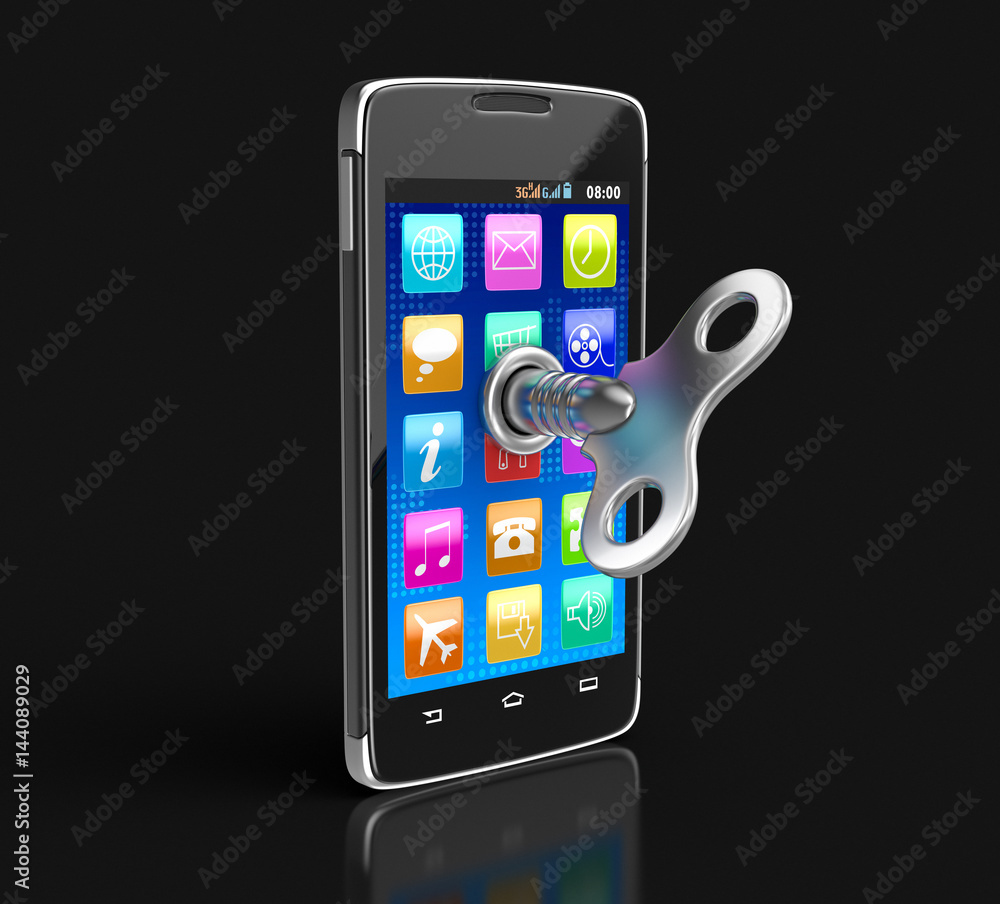 Poster touchscreen smartphone with winding key. image with clipping path.