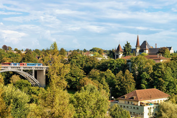 Panorama with Kirchenfeld bridge with tram and Historical Museum Bern