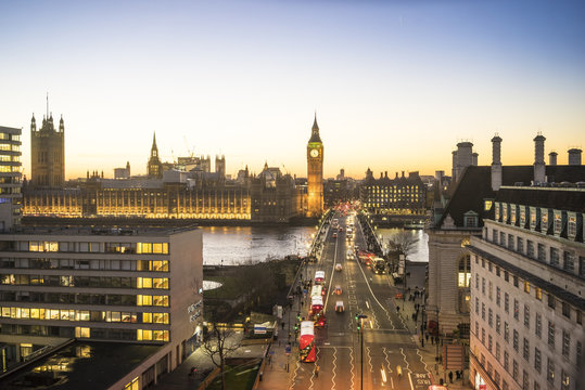 High angle view of Big Ben, the Palace of Westminster and Westminster Bridge at dusk, London