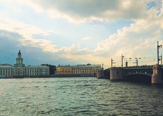 Naklejka premium Architectural complex of Neva Embankment, Building of Kunstkamera and Palace Bridge, St.Petersburg, Russia - June 2016