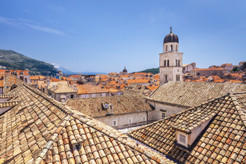 Rooftop view of Franciscan Church, bell tower and Monastery, Dubrovnik Old Town, Dubrovnik, Croatia
