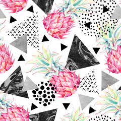 Watercolor pineapple and textured triangles seamless pattern.