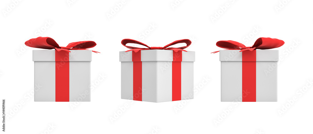 Poster 3d rendering of a white square gift box with a red ribbon bow in three different side views.