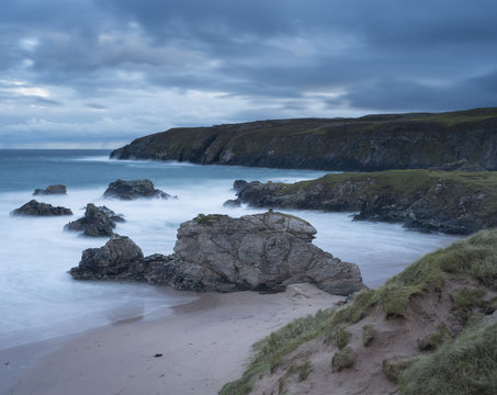 Dramatic weather viewed from the cliffs overlooking Sango Bay, Durness, Sutherland, Highlands, Scotland