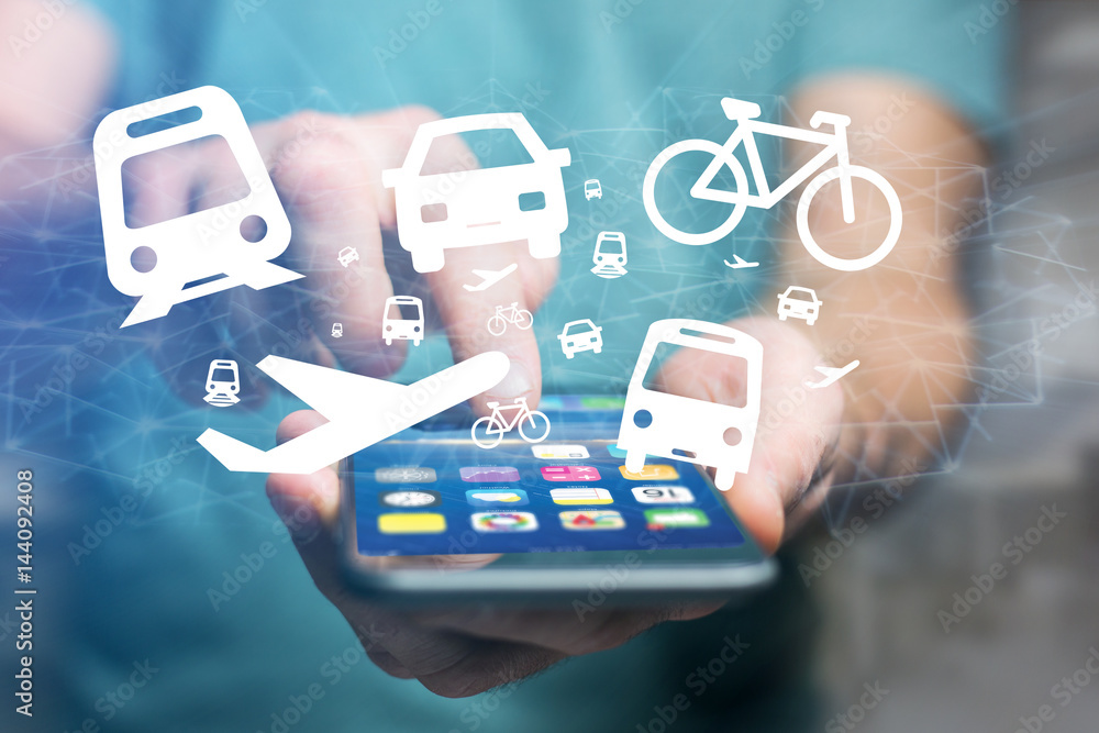 Aufkleber concept of checking different way to go on holidays on a device - travel concept