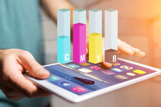 Concept of a CMYB Inkjet level interface over a device - Computer and technology concept