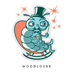 One noble wood louse sit in rocking chair with a hat, a monocle, a cup of tea and a few stars. Vector illustration of funny insect in a cartoon style.