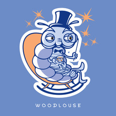 Vector illustration of funny insects in cartoon style. One noble wood louse sit in rocking chair with a hat, a monocle, a cup of tea and a few stars. Image in blue and orange colors.