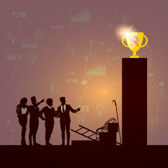 Silhouette Business People Team Success Winner Golden Cup Wealth Flat Vector Illustration