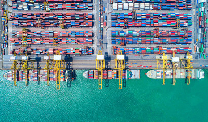 container ship in import export and business logistic.By crane ,Trade Port , Shipping, cargo to harbor, Aerial view, Top view. - obrazy, fototapety, plakaty