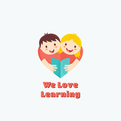 We Love Learning Abstract Vector Sign, Emblem or Logo Template. Boy and Girl Reading Book Illustration with Textures. Heart Shape Symbol. Learning or Education Concept.