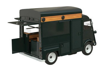 Food truck mobile eatery with open doors. 3D rendering