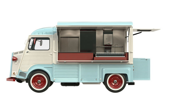 Food Truck Beige Eatery With Open Doors, Side View. 3D Rendering