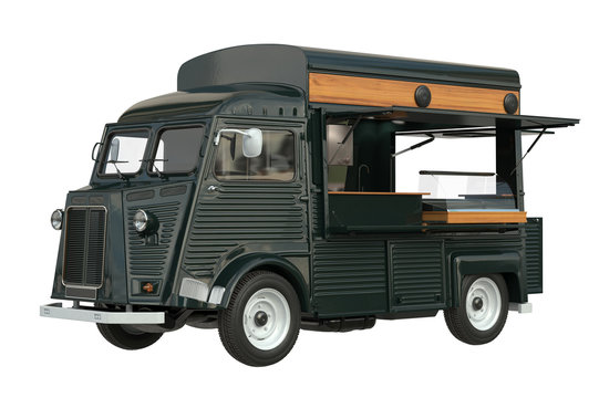 Food truck eatery cafe on wheels, dark green color. 3D rendering