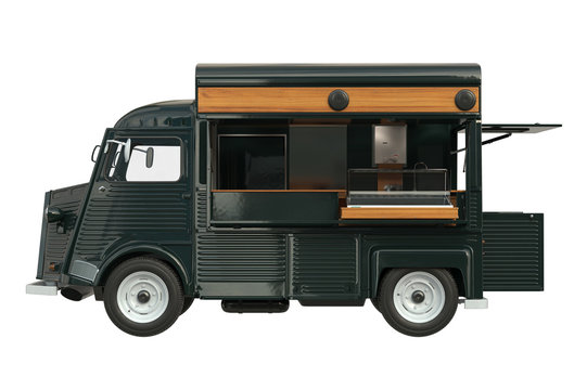 Food truck green eatery with open doors, side view. 3D rendering