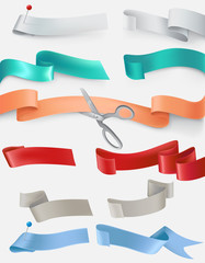 set of satin ribbons in different colors cut by scissors. Design element.