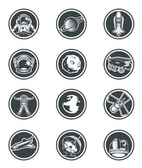 Set of round badges of space. Elements of design, badges, logo and emblem on a white background. The concept of space travel