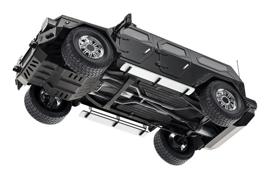 Suv car black suspension, bottom view. 3D rendering