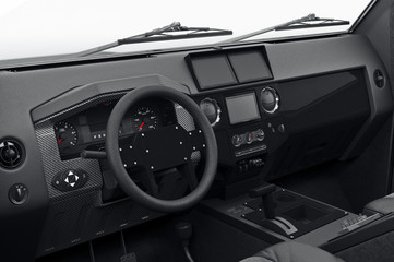 Car interior cabin steering, close view. 3D rendering