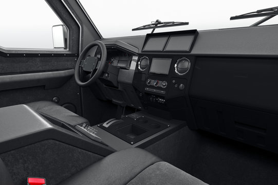 Car interior dashboard black leather. 3D rendering