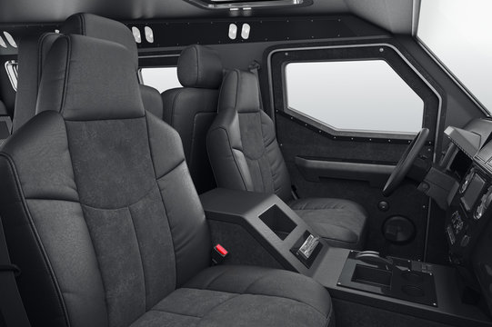 Car interior cabin leather black seat. 3D rendering