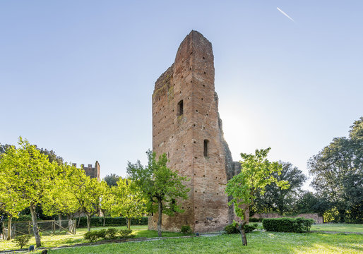 The ancient Torre di Mezzo tower in the Corsini park in Fucecchio, Florence, Italy, on a beautiful sunny day