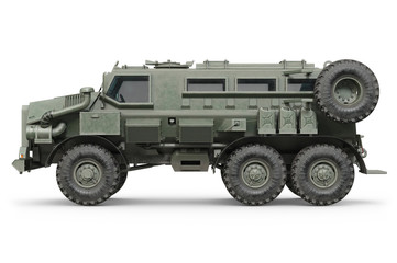 Truck military army defense armored car, side view. 3D rendering