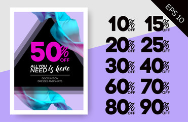 Bright Vector Sale Template with Flying Silk on Lilac Background and Black Triangles. Advertising For Cloth Shop, Web Banner, Pop-up, Poster, Flyer.