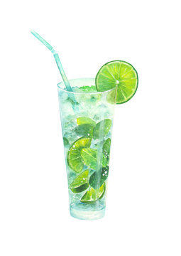 Mojito classical alcohol cocktail drink. Tropical summer green soft cold fresh mojito with ice cubes, lime and mint. Watercolor hand drawn mojito cocktail isolated on white background