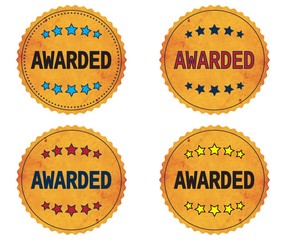 AWARDED text, on round wavy border vintage, stamp badge.