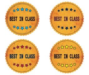 BEST IN CLASS text, on round wavy border vintage, stamp badge.