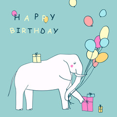 Card on birthday with an elephant and balloons. Made in the style of children's drawings.