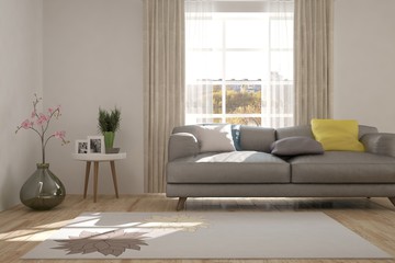 White room with sofa and urban landscape in window. Scandinavian interior design. 3D illustration