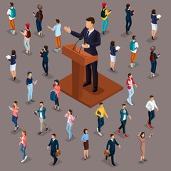 Trendy People Isometric vector 3D businessmen, people, students, teenagers, workers, meeting vote, the president at a meeting with voters, trebune speech at the