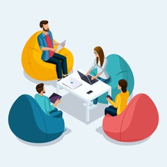 Trendy Isometric people and gadgets, 3D teenagers, small group of people using hi tech technology, freelancers, working, chatting, online rewritten White isolated