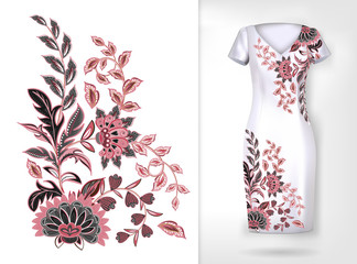 Embroidery colorful trend floral pattern. Vector traditional ornamental flowerspattern on dress mock up. Can be used in dressing clothes, textiles, household items.