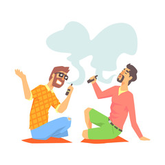 Young Hipster Guys Smoking Vaporizers Sitting On The Floor Illustration With Cool Vapers