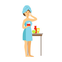 Woman in bath towel is applying cream on her face and beauty and holding cream in her hand. Colorful cartoon character isolated on a white background