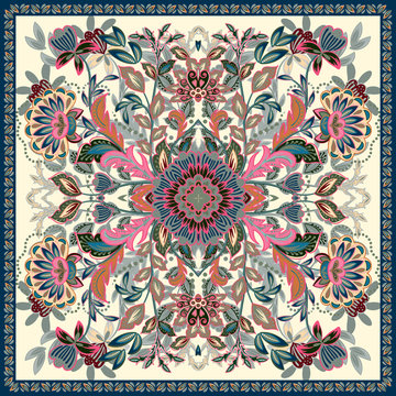 Lovely tablecloth ethnic indian flowers. Beautiful vector ornament. Card, bandana print, kerchief design, napkin. Pastel pink blue beige ornate pattern on white. Ready for print.