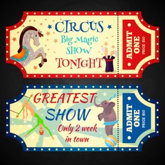 Circus retro tickets with animals acrobats magic hat isolated illustration