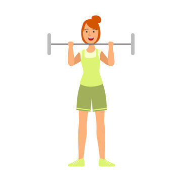 Young woman lifting barbell for biceps strengthening. Colorful cartoon character
