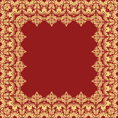 Classic square frame with arabesques and orient elements. Abstract fine red and golden ornament with place for text