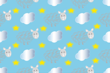 Seamless pattern polka dot with sheep and clouds .