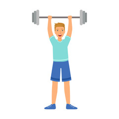 Strong man holding barbell on the raised hands. Colorful cartoon character