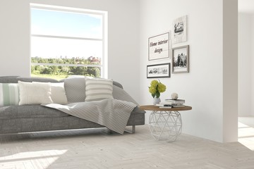 White room with sofa and green landscape in window. Scandinavian interior design. 3D illustration