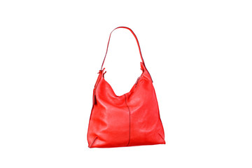 Bolso de piel rojo para mujer sobre fondo blanco aislado. Vista de frente. Copy space