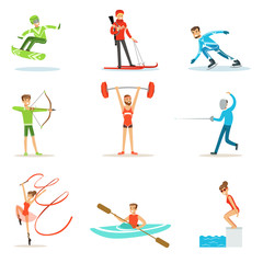 Fototapeta na wymiar Adult People Practicing Different Olympic Sports Set Of Cartoon Characters In Sportive Uniform Participating In Competition
