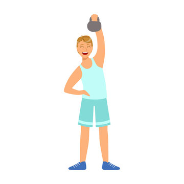 Man in sportswear doing workout with kettlebell. Colorful cartoon character